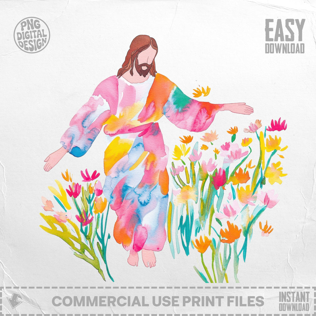 Jesus in watercolor surrounded by colorful flowers, easy download.