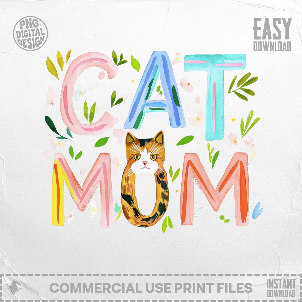 Watercolor "Cat Mom" text with a tabby cat illustration.