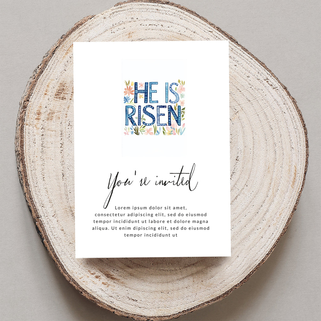 "He is Risen" invitation with floral accents and cursive "You're invited".