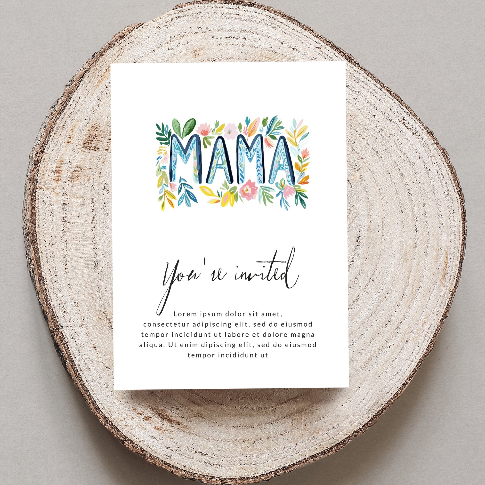 Watercolor floral "MAMA" invitation with placeholder text.