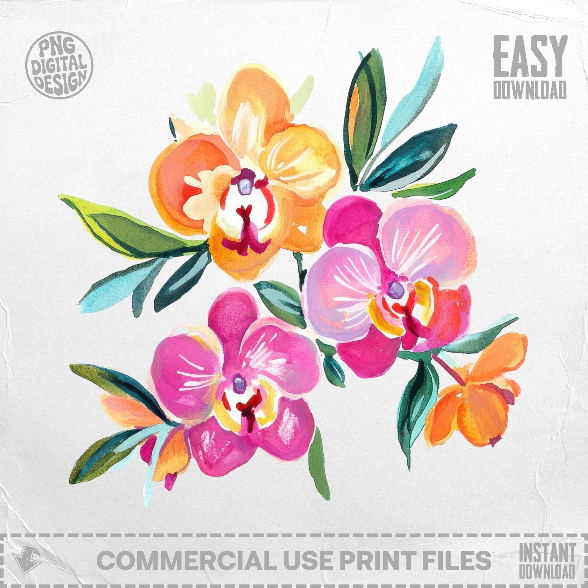 Floral watercolor painting of pink and orange orchids with green leaves, "Easy Download" text.