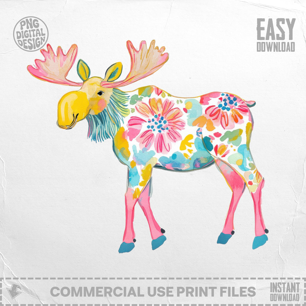 Moose with floral watercolor pattern and pink antlers and legs.