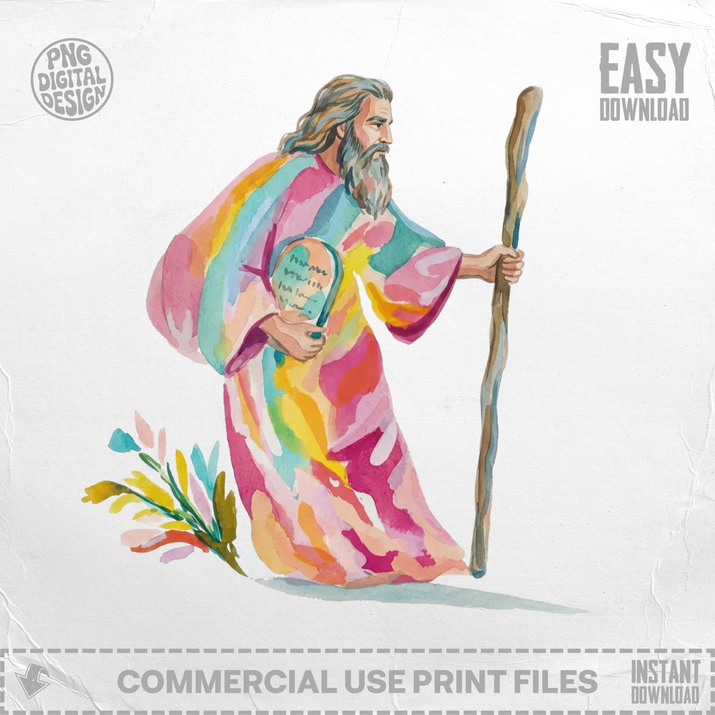 Biblical Moses with rainbow robe and staff, holding a scroll.