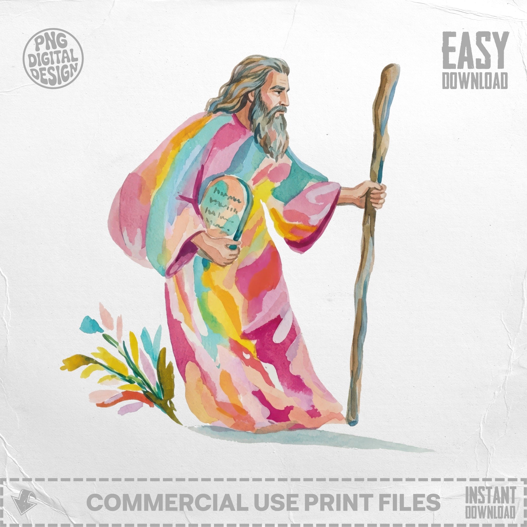 Biblical Moses with rainbow robe and staff, holding a scroll.