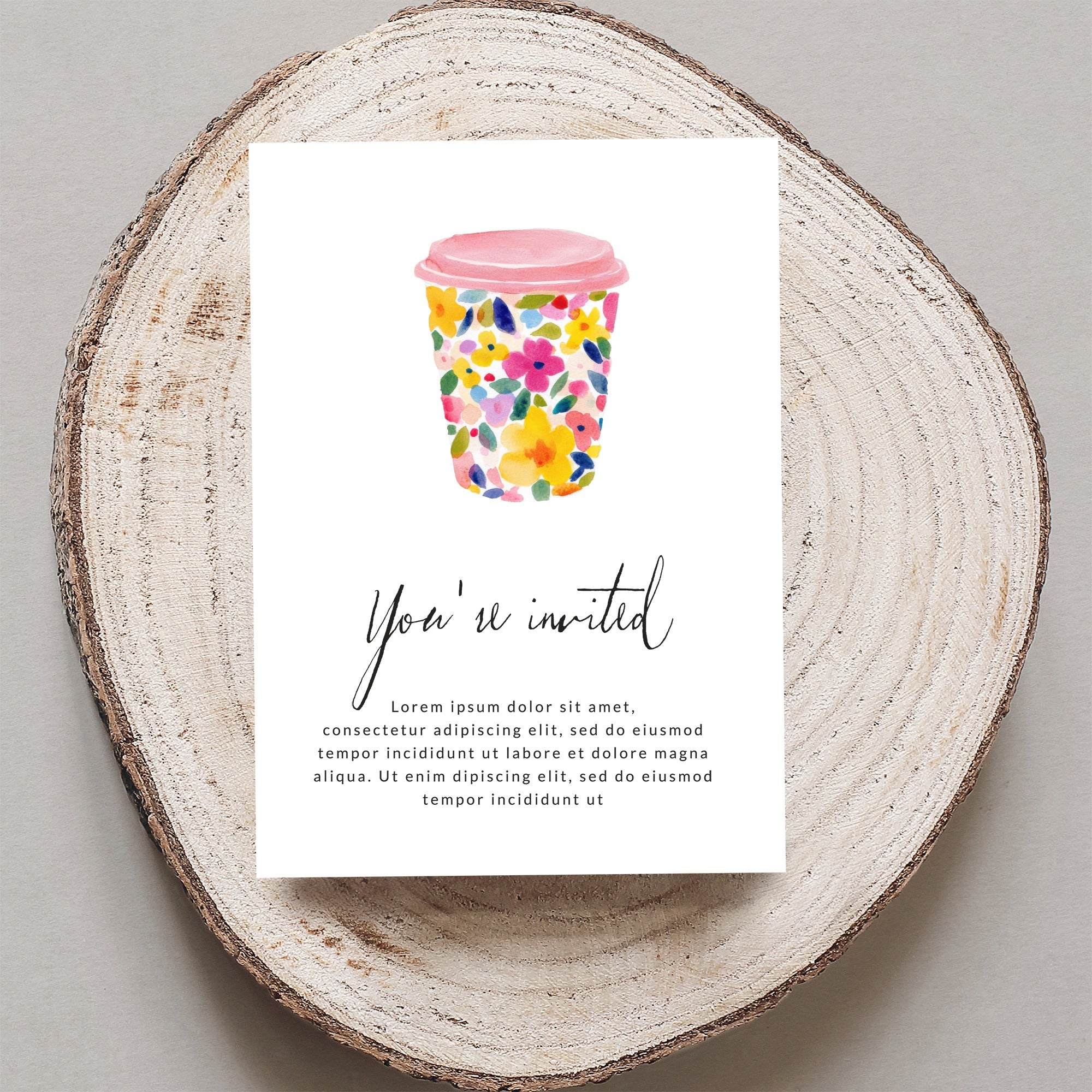 Watercolor floral cup invitation with "You're invited" text.