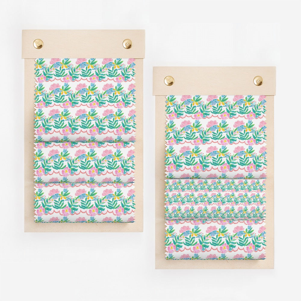 Watercolor Tropical Floral Seamless Pattern Digital Paper, Pink Blooms, Green Leaves, Scalloped Border, Instant Download, Bright - Moore and Mountain
