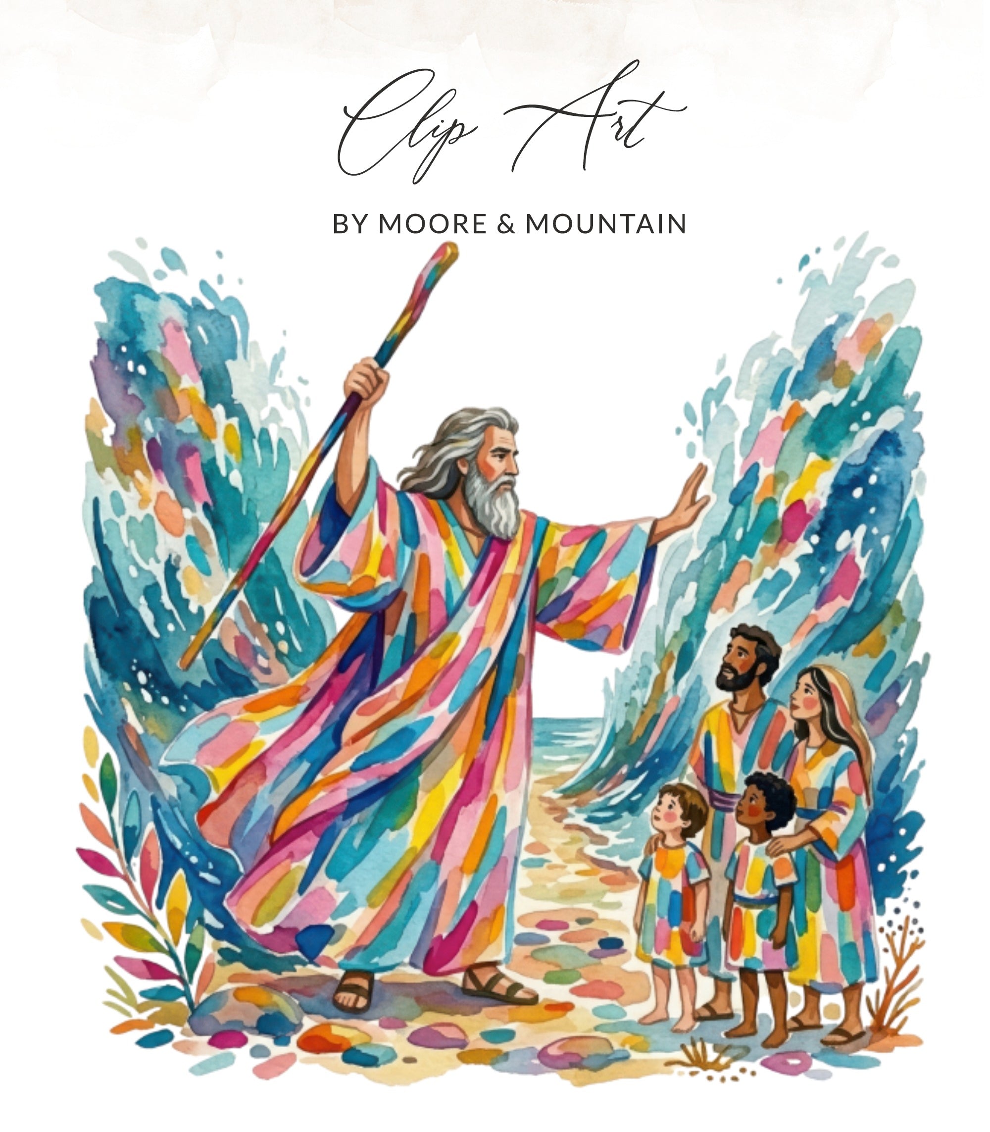 Moses parts the Red Sea for a family, clip art with colorful watercolor style.