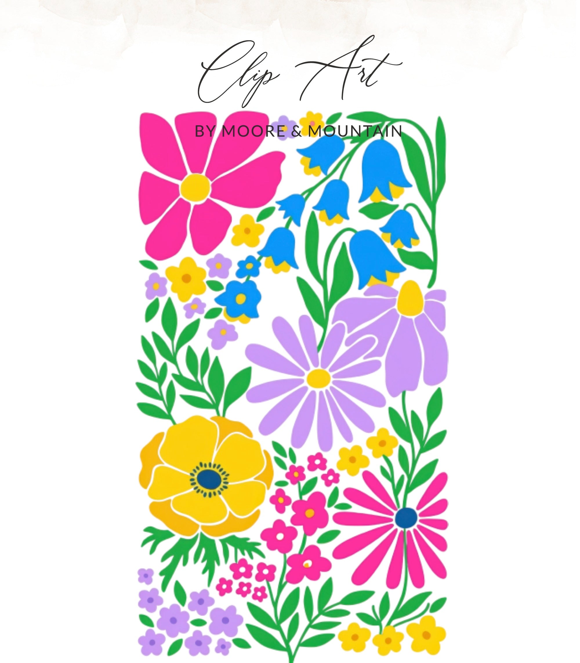 Floral clip art by Moore & Mountain with colorful flowers and leaves.