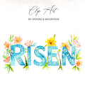 "Risen" text in blue watercolor letters with floral accents and "Clip Art by Moore & Mountain" at top.