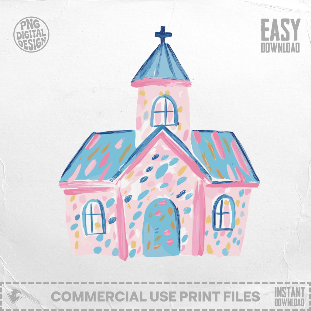 Pink cartoon church with blue roof and colorful abstract pattern.