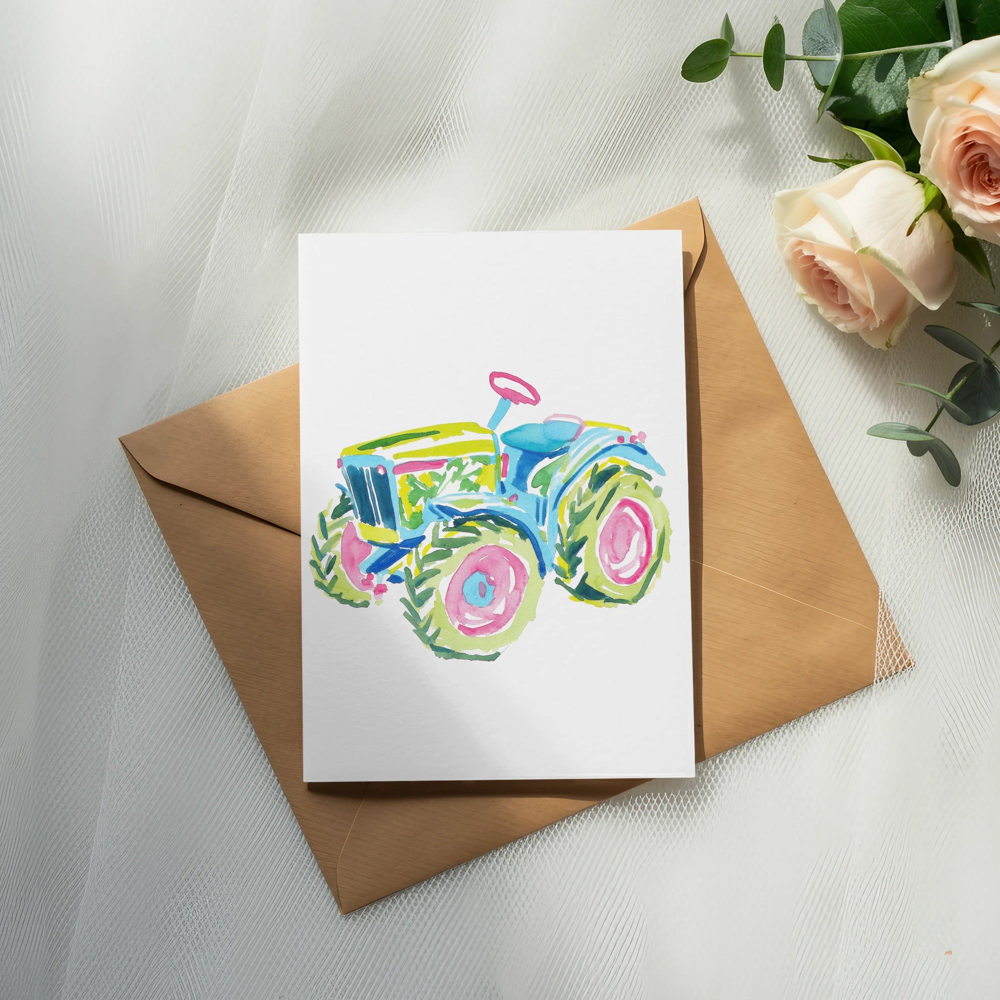 Watercolor painting of a colorful tractor on an envelope with roses.