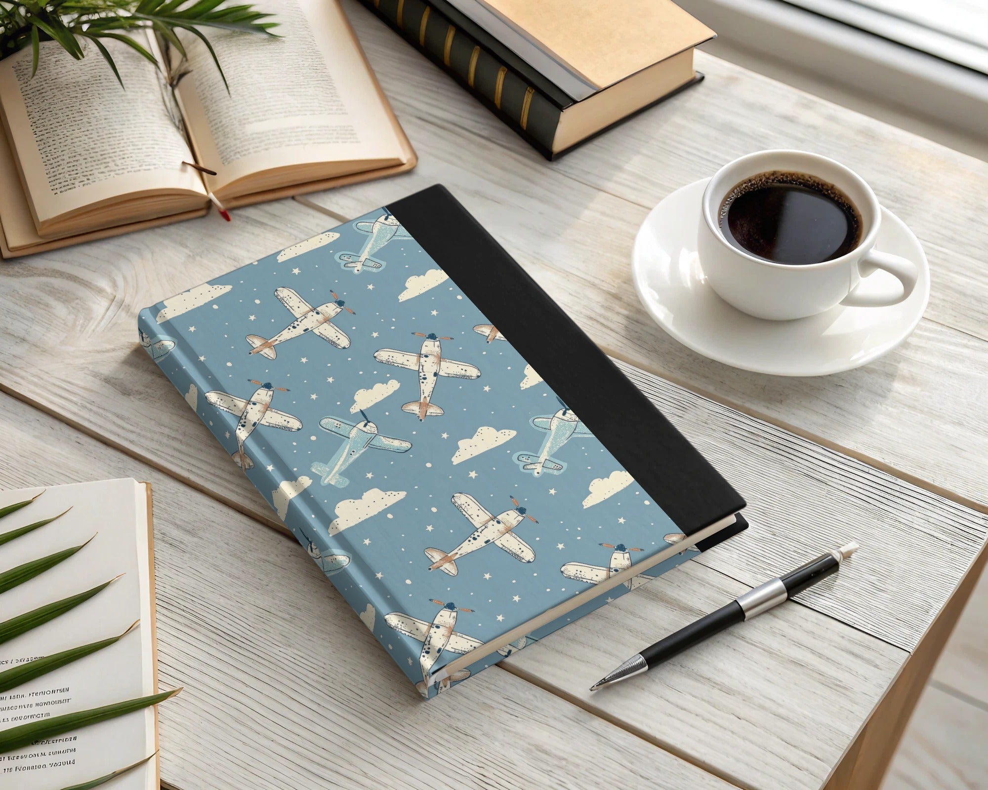 Airplane Digital Paper, Seamless Pattern, Sky Blue Cloud Background, Vintage Aircraft Repeat Pattern, Scrapbooking, Fabric Design - Moore and Mountain