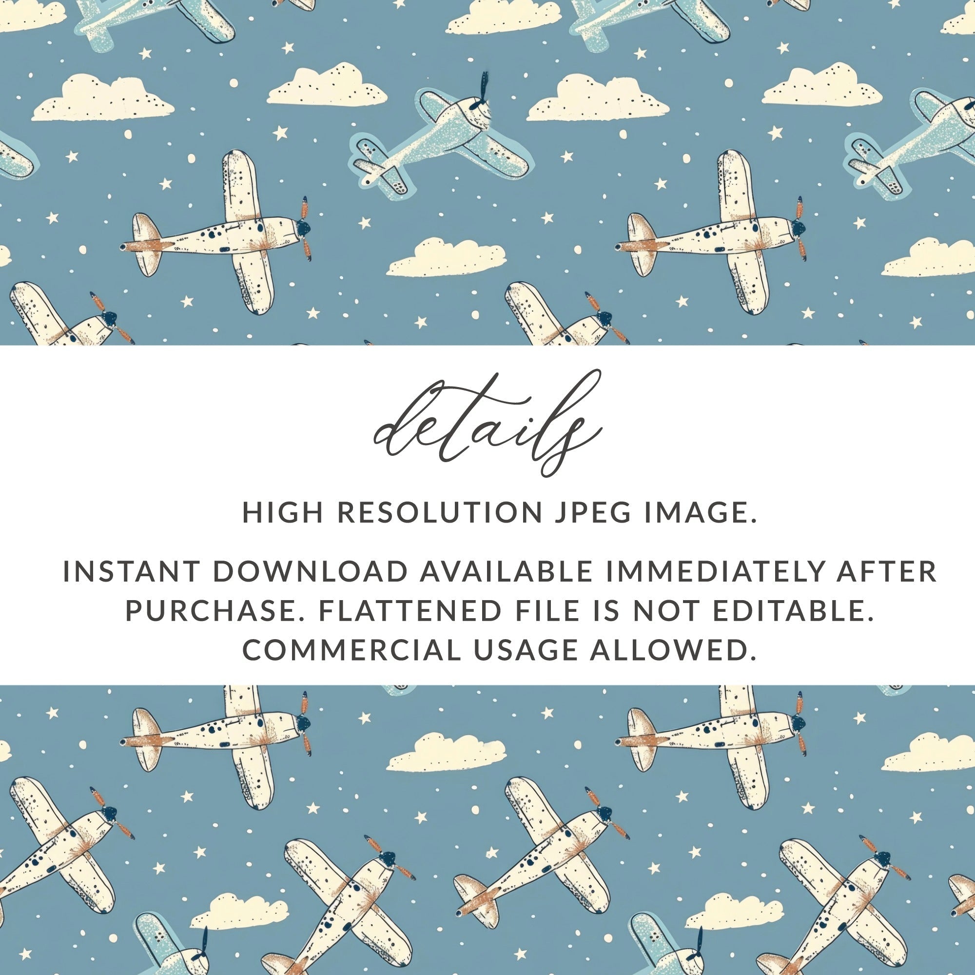 Airplane Digital Paper, Seamless Pattern, Sky Blue Cloud Background, Vintage Aircraft Repeat Pattern, Scrapbooking, Fabric Design - Moore and Mountain