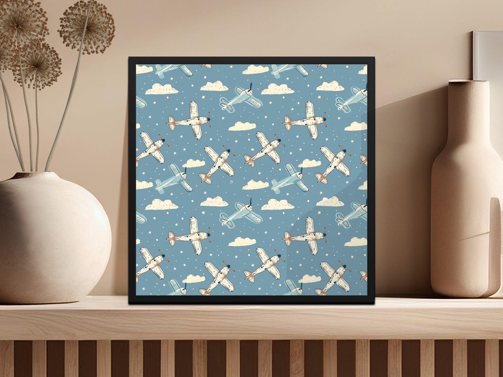 Airplane Digital Paper, Seamless Pattern, Sky Blue Cloud Background, Vintage Aircraft Repeat Pattern, Scrapbooking, Fabric Design - Moore and Mountain