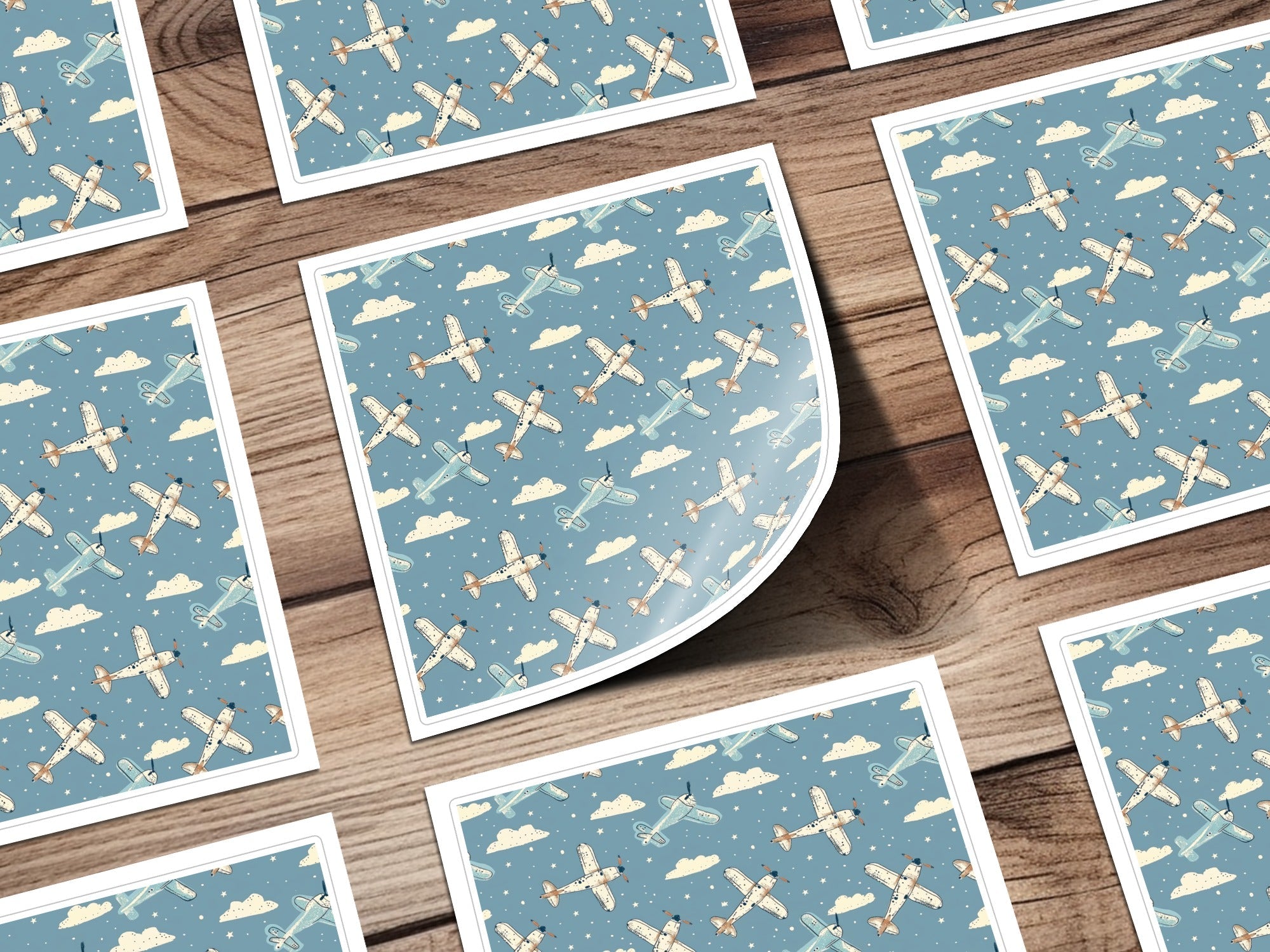 Airplane Digital Paper, Seamless Pattern, Sky Blue Cloud Background, Vintage Aircraft Repeat Pattern, Scrapbooking, Fabric Design - Moore and Mountain