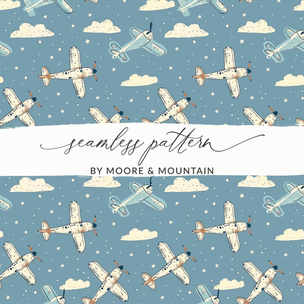 Airplane Digital Paper, Seamless Pattern, Sky Blue Cloud Background, Vintage Aircraft Repeat Pattern, Scrapbooking, Fabric Design - Moore and Mountain