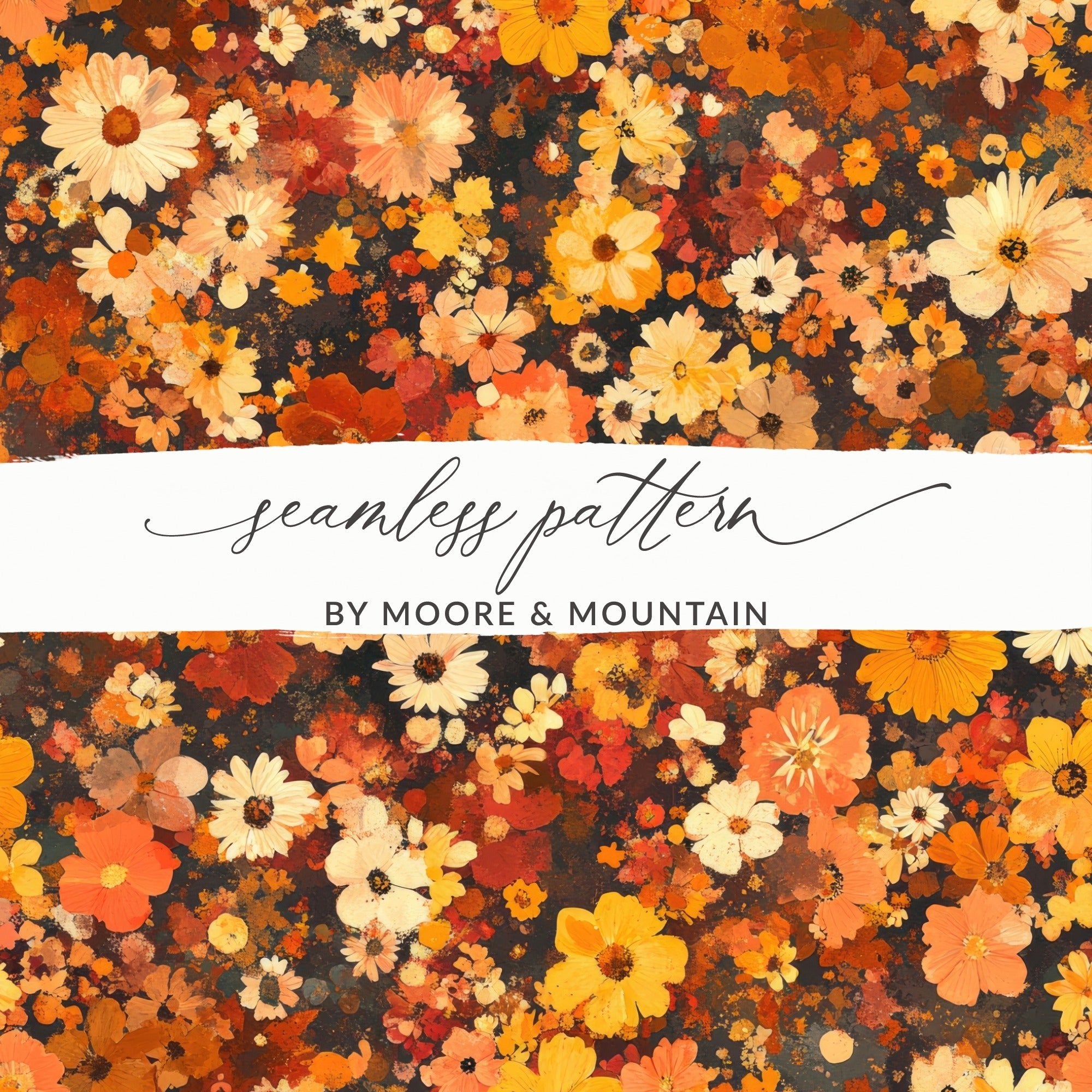 Autumnal Daisy Digital Seamless Pattern, Fall Flower Print, Warm Toned Floral Design, Harvest Colors, Digital Paper - Moore and Mountain