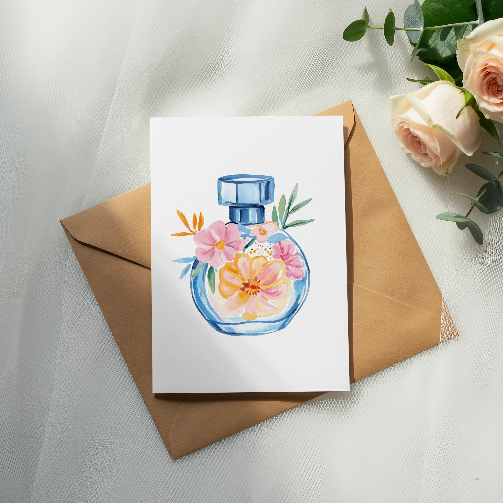 Watercolor illustration of a perfume bottle surrounded by colorful flowers.