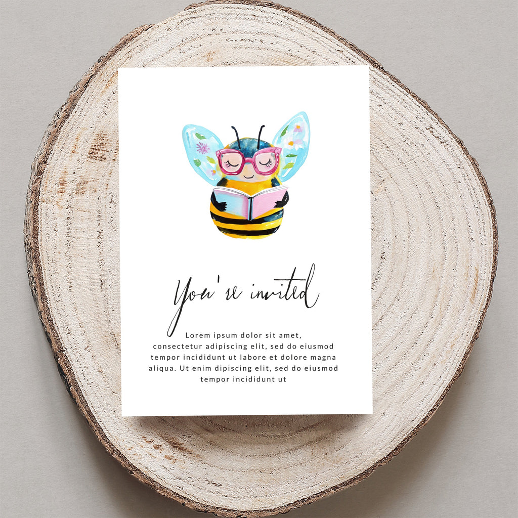 Watercolor illustration of a bee reading a book, with "You're invited" text.