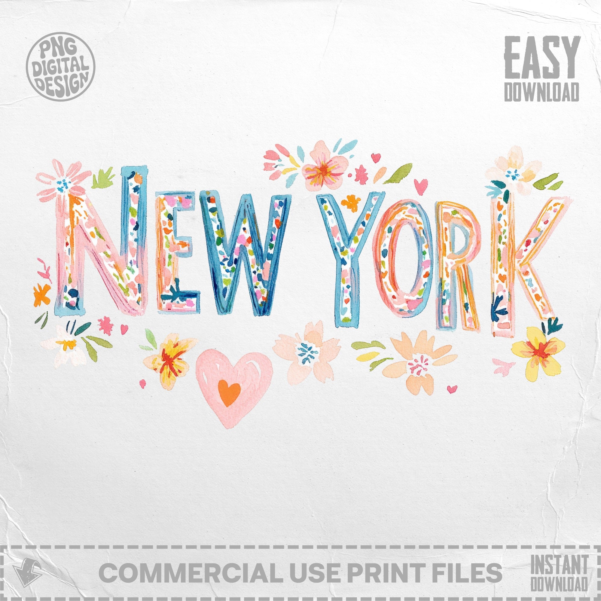Colorful watercolor "New York" text with floral accents and hearts.