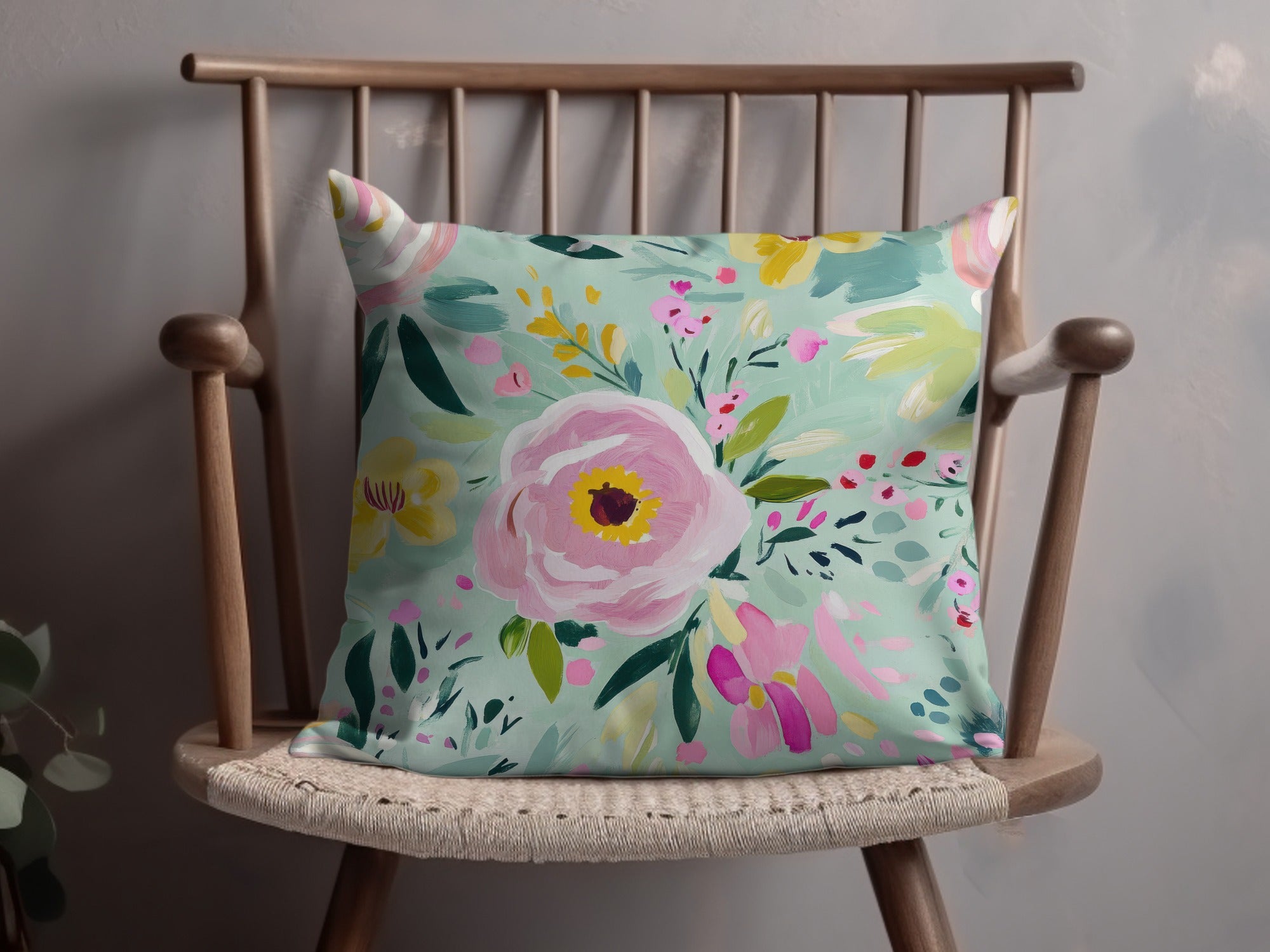 Abstract Floral Seamless Pattern Digital, Spring Ditsy Green Pink Yellow Flowers, Modern Gouache Painted Fine Art Floral Print, Digital