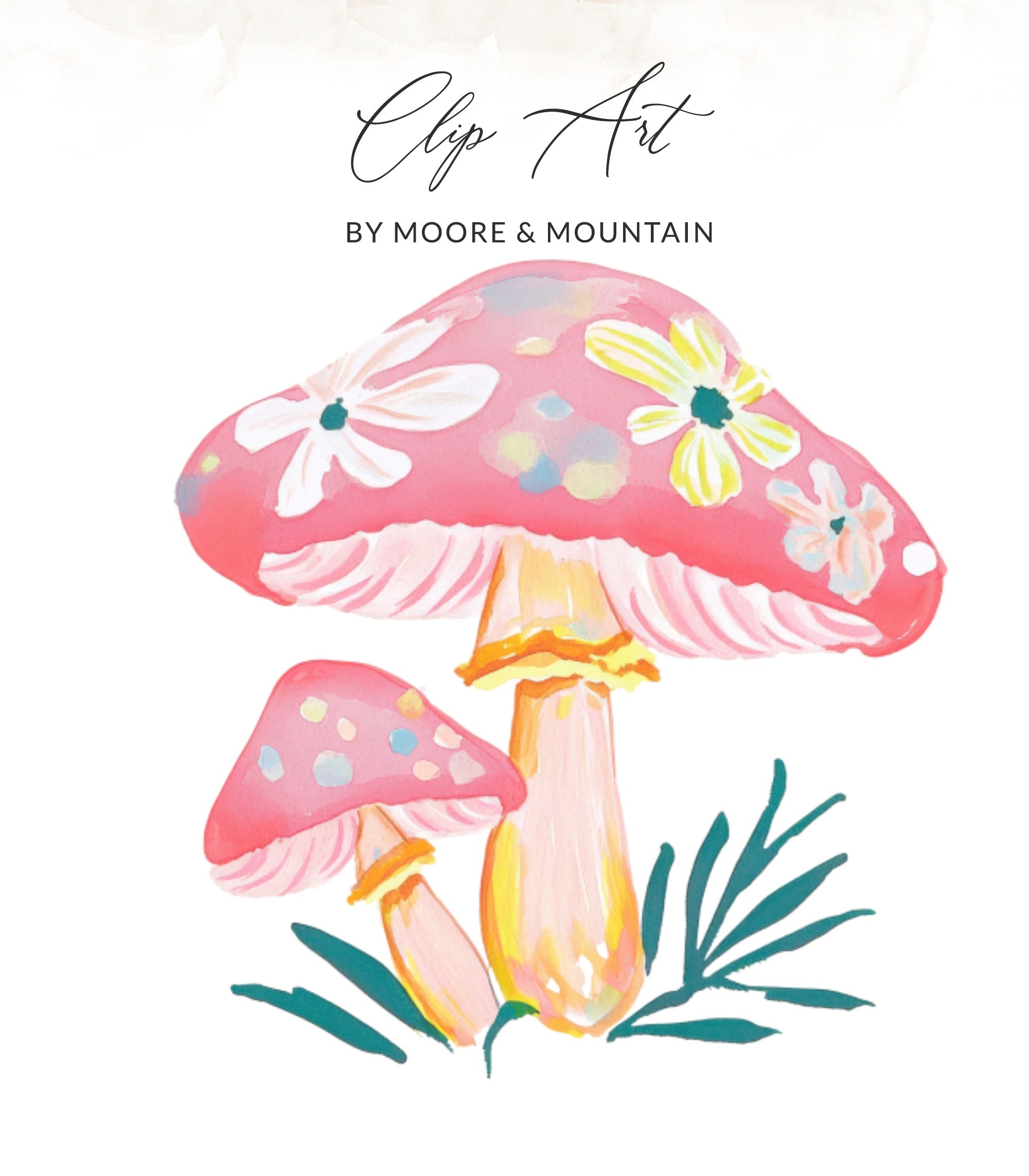 Pink and yellow mushrooms with white flowers and green leaves.