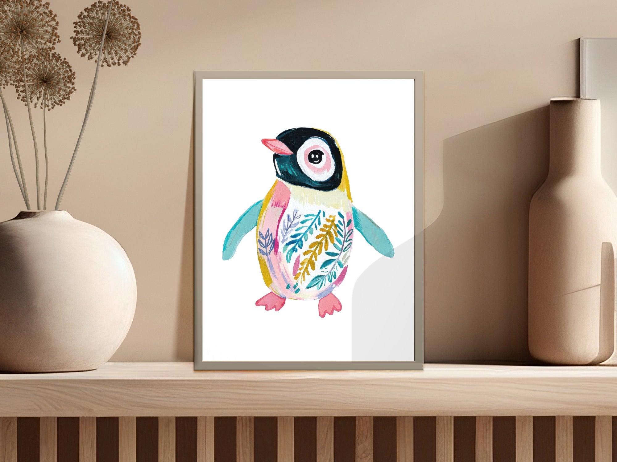 Colorful watercolor illustration of a whimsical penguin with floral patterns.