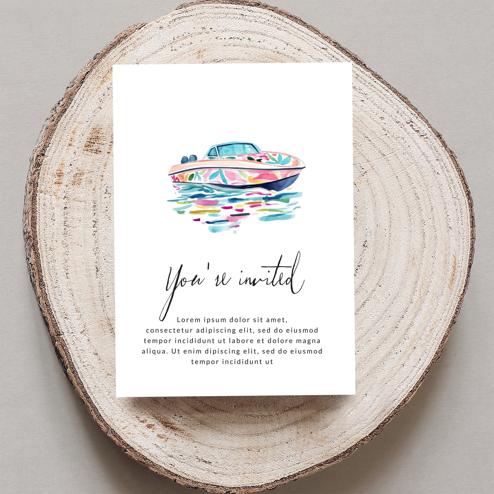 Invitation with floral boat illustration and "You're invited" text.