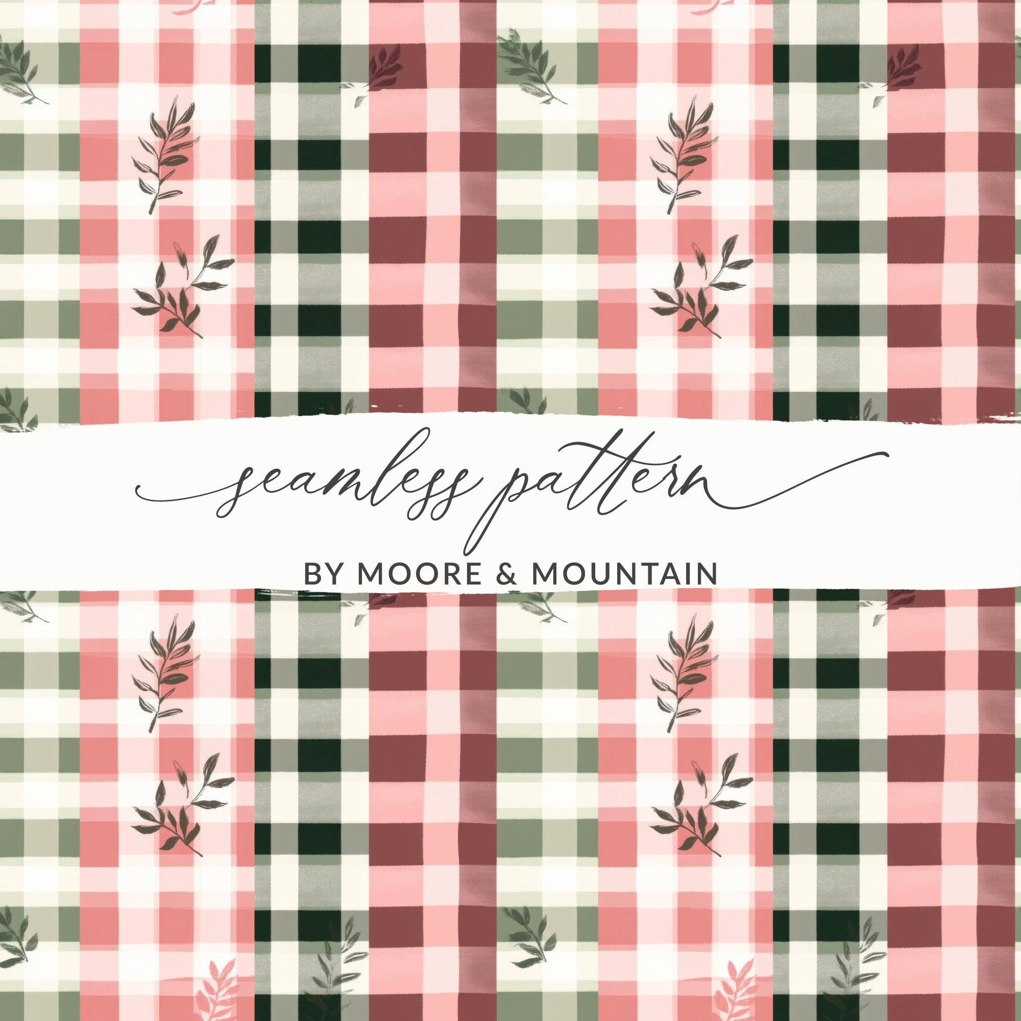 Pink and Green Plaid and Floral Seamless Pattern Design