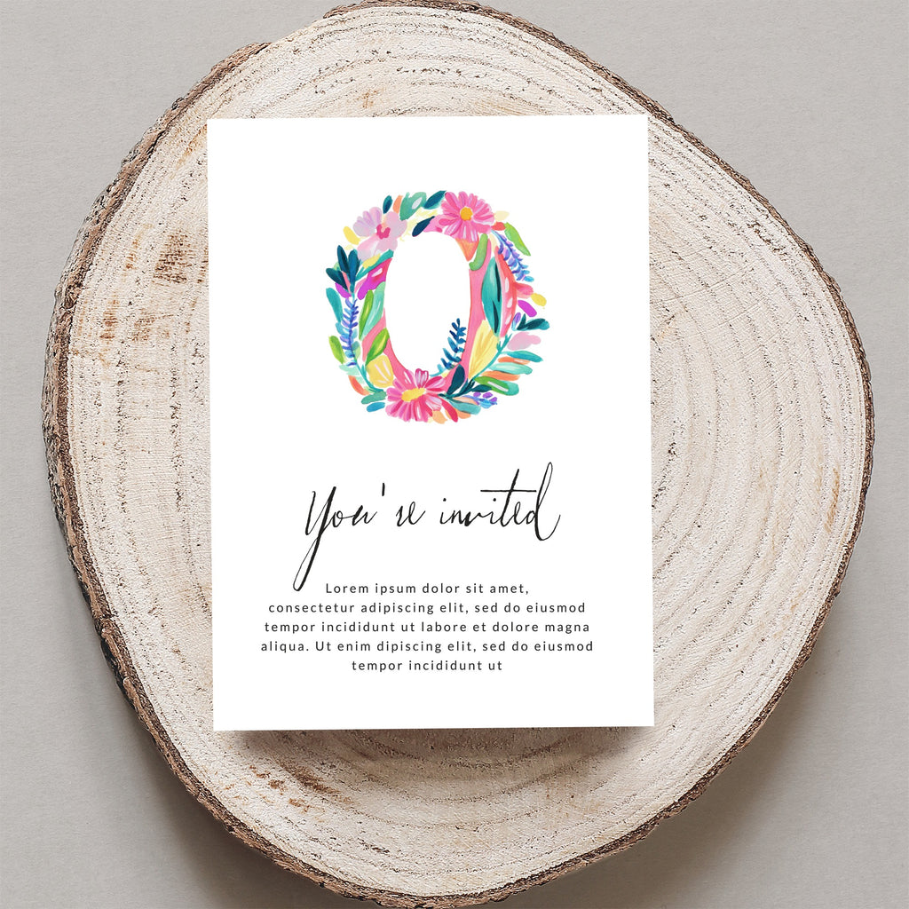 Floral letter O invitation with "You're invited" text.