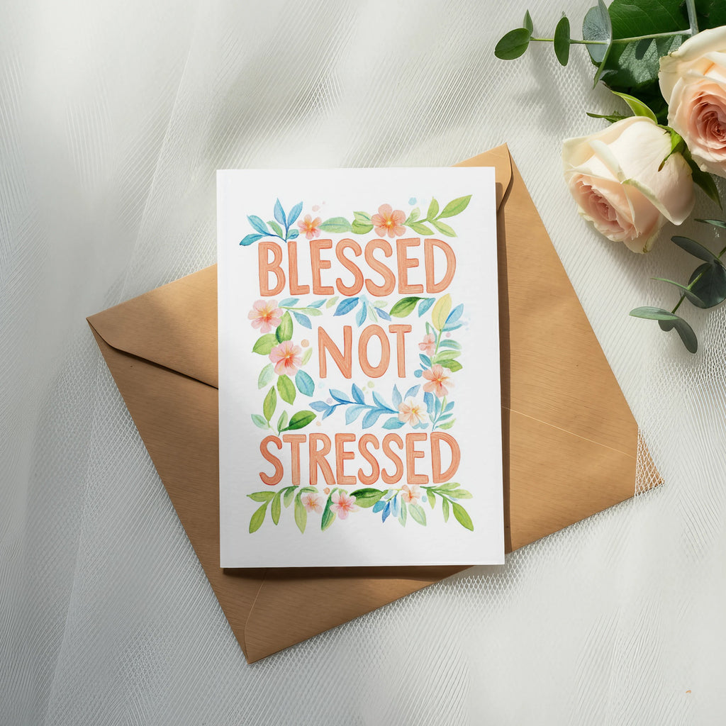 Greeting card with "Blessed Not Stressed" text and floral accents on envelope.