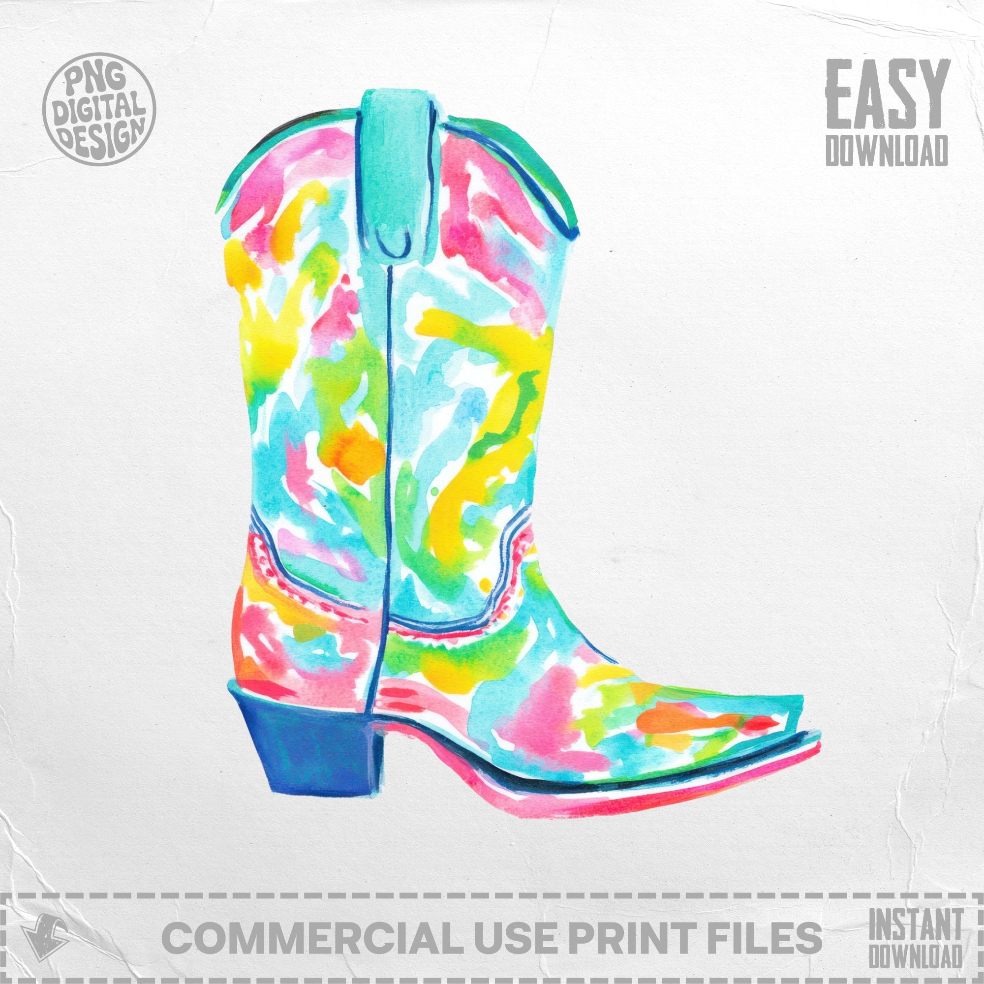 Watercolor cowboy boot with bright, abstract colorful brushstrokes.