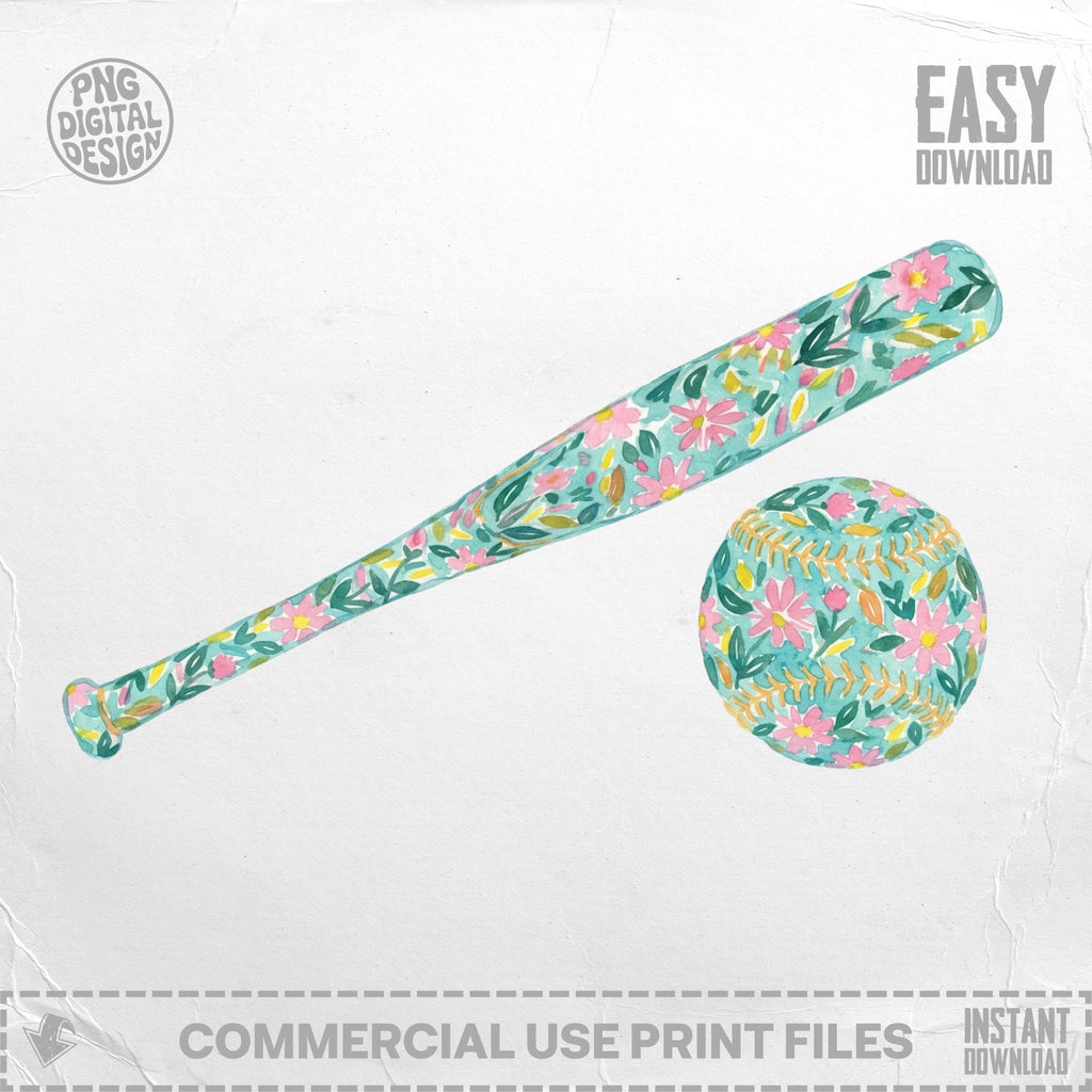 Watercolor baseball bat and ball with floral pattern, "Easy Download" and "Commercial Use Print Files" text.