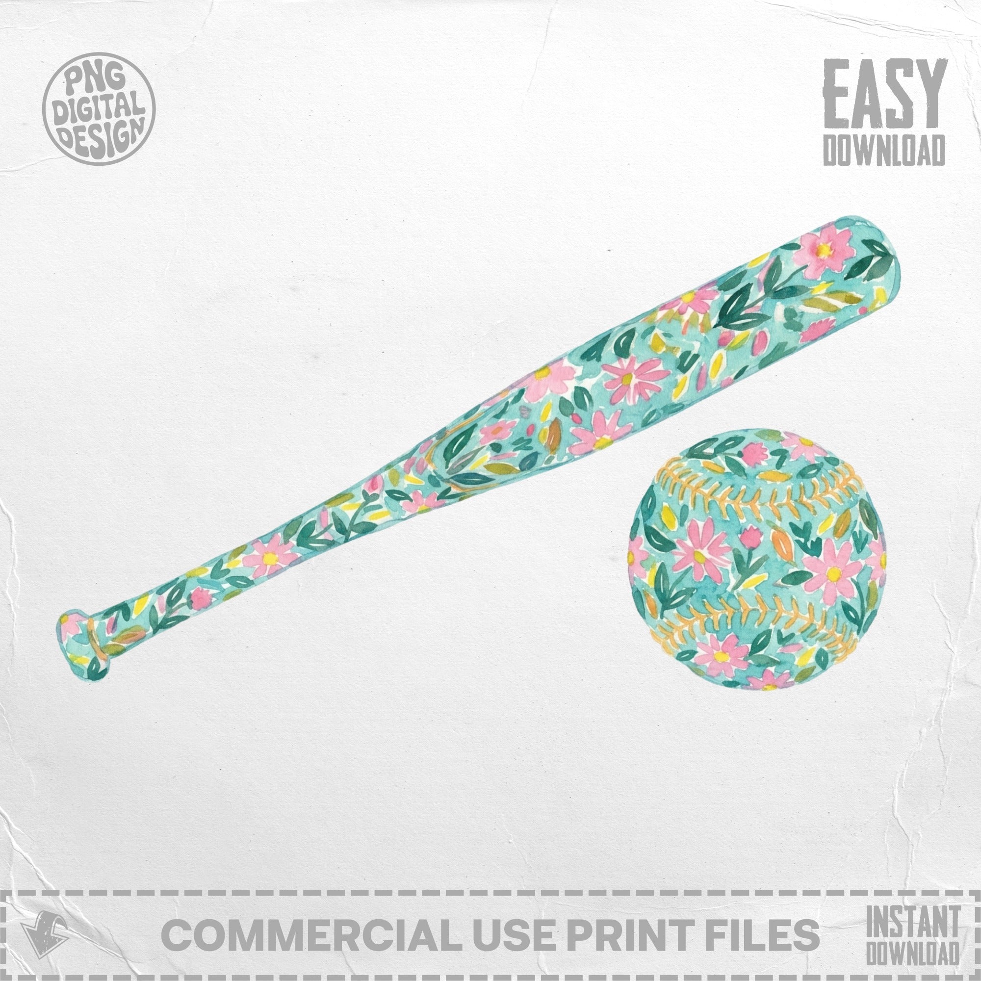 Watercolor baseball bat and ball with floral pattern, "Easy Download" and "Commercial Use Print Files" text.