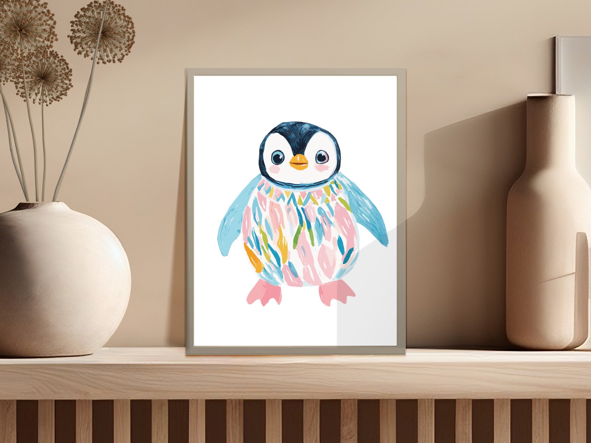 Whimsical watercolor illustration of a colorful penguin with vibrant brushstrokes.