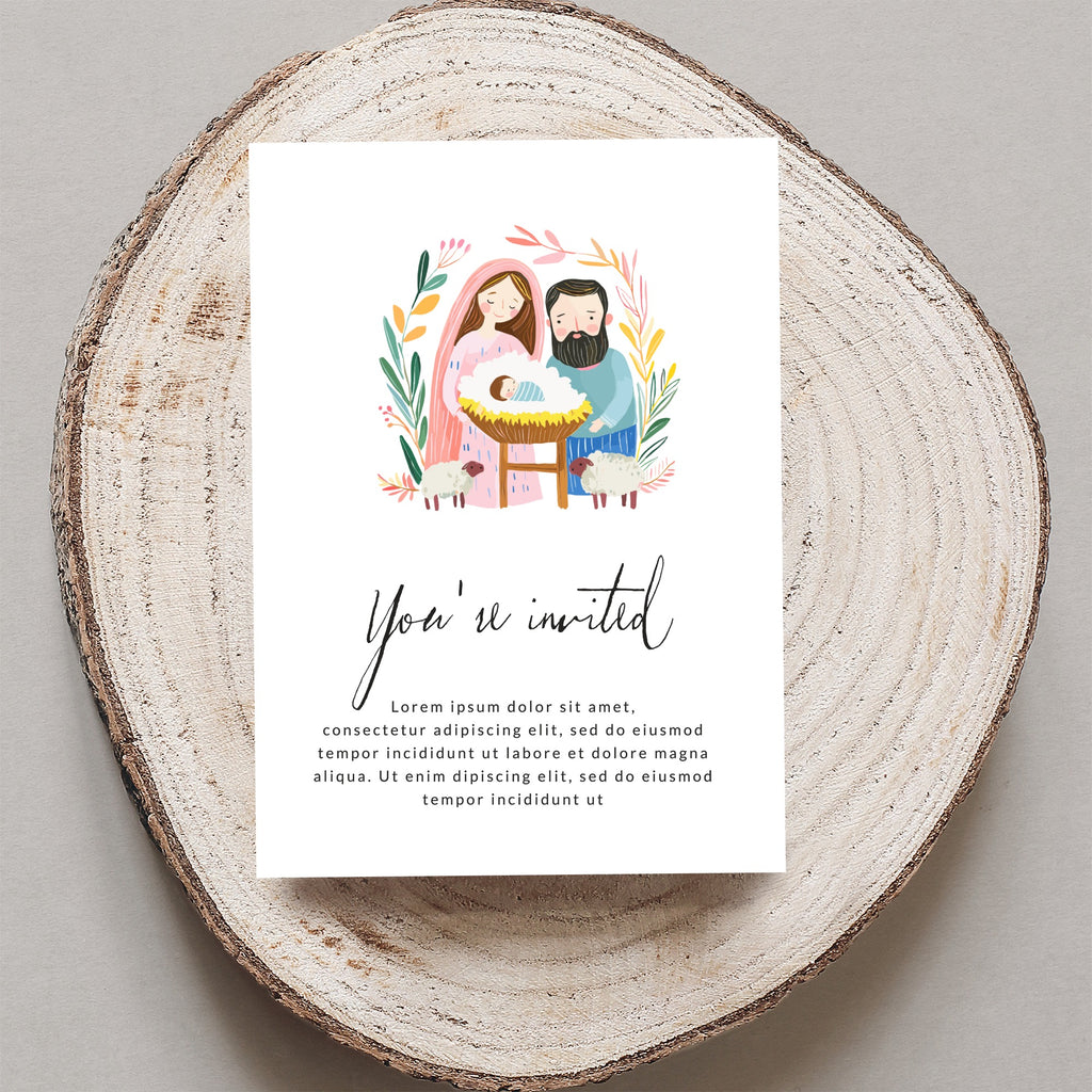 Nativity scene illustration with text "You're invited" on wood slice.