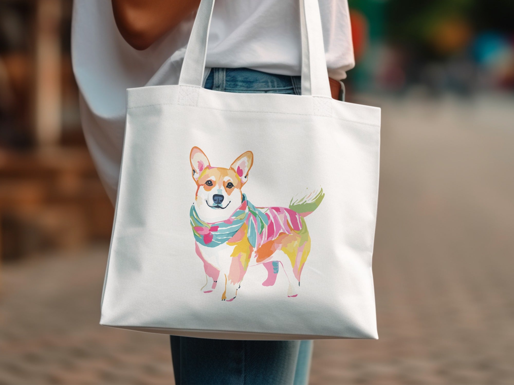 White tote bag with watercolor corgi wearing a striped scarf.