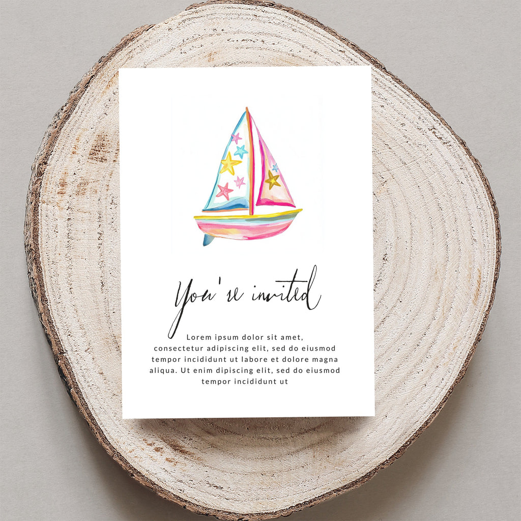 Invitation card with watercolor sailboat and "You're invited" text.