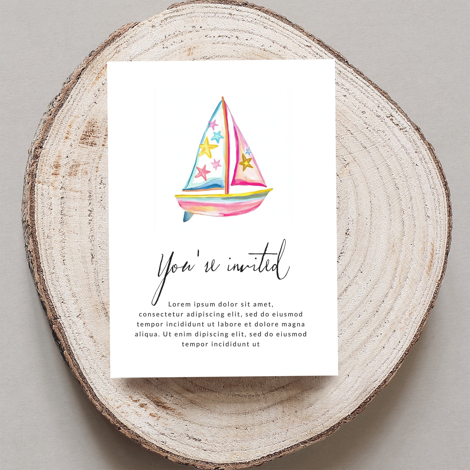 Invitation card with watercolor sailboat and "You're invited" text.