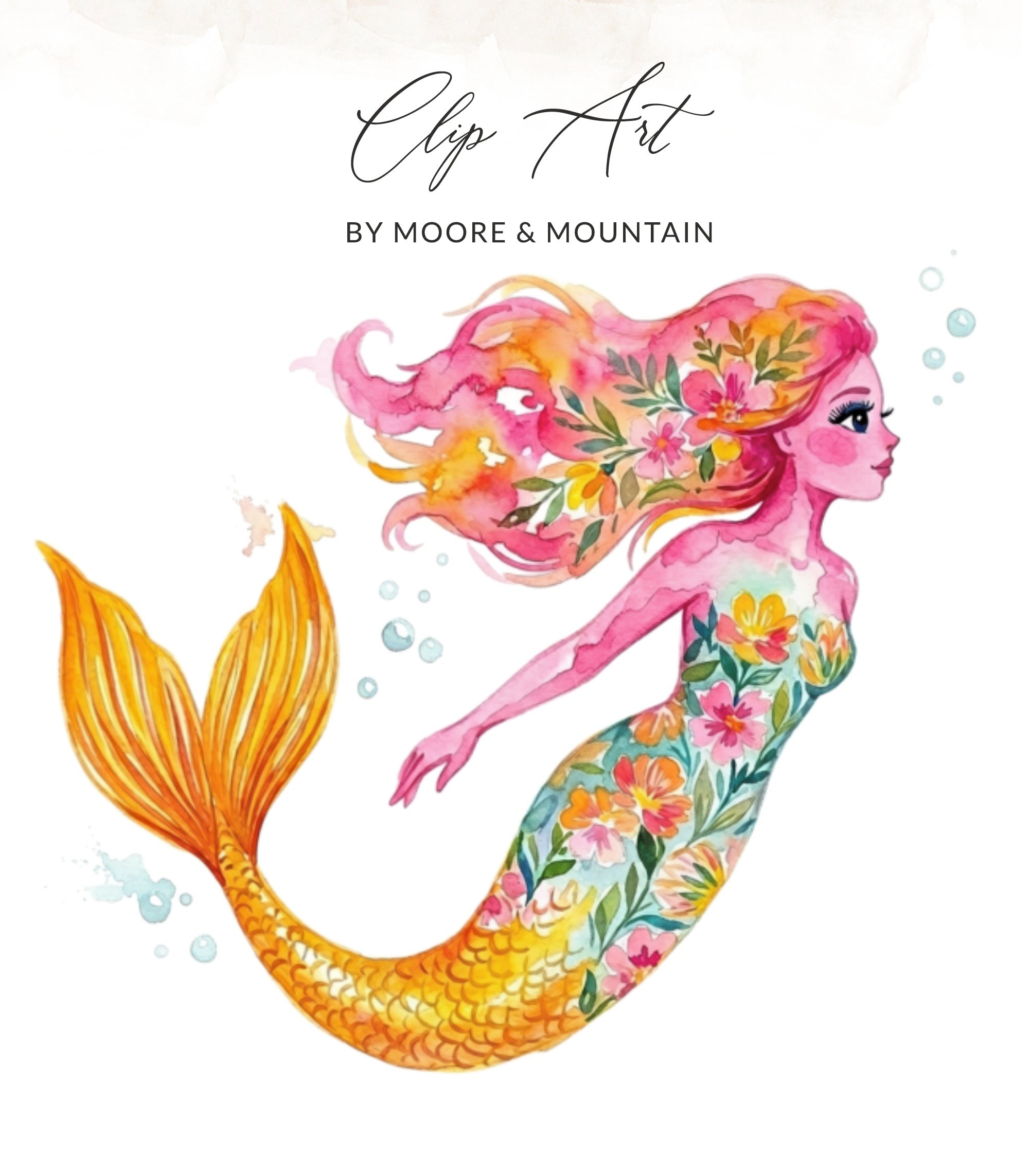 Watercolor mermaid with floral patterned dress and orange tail, title "Clip Art".