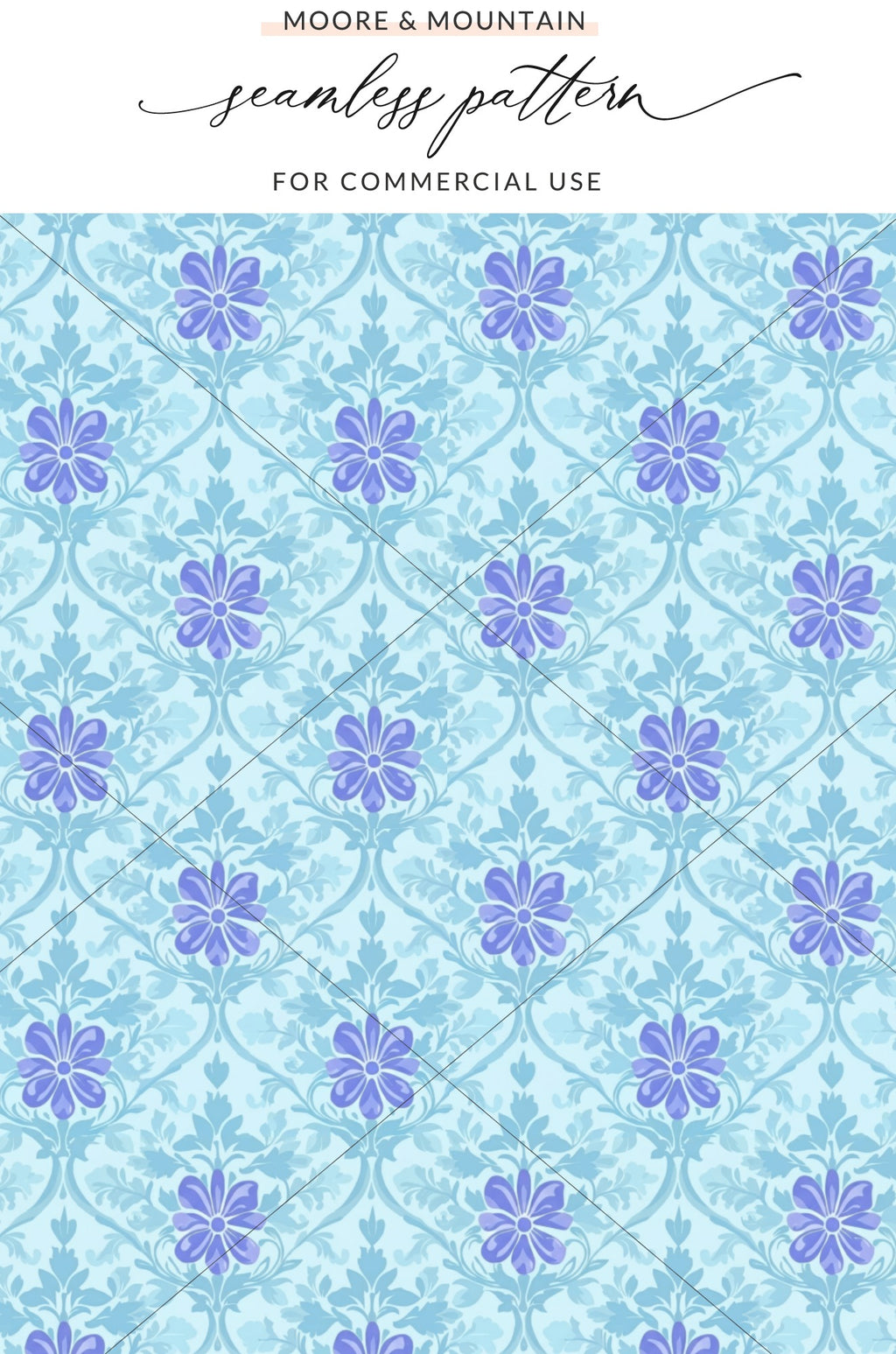 Seamless floral pattern with blue flowers and green leaves on a light blue background.