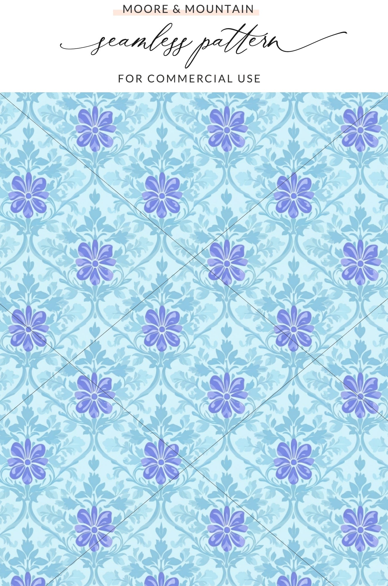 Seamless floral pattern with blue flowers and green leaves on a light blue background.