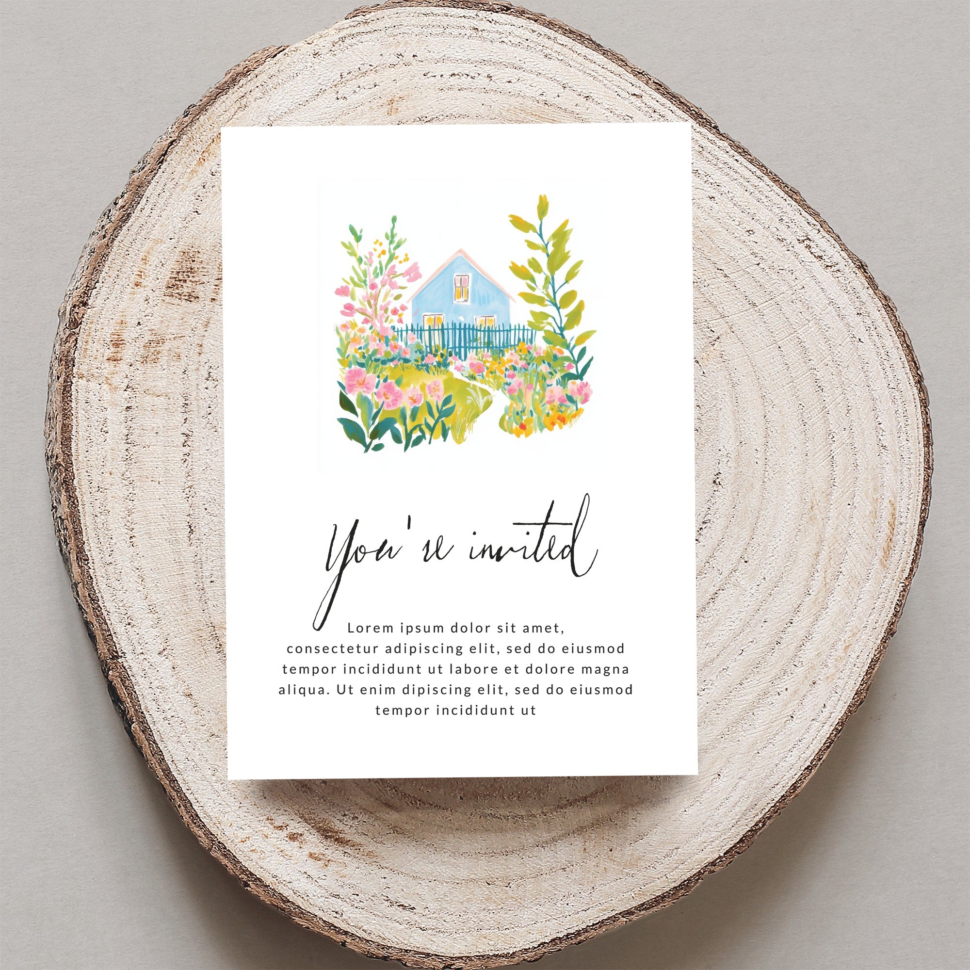 Invitation with blue house illustration and "You're invited" text.