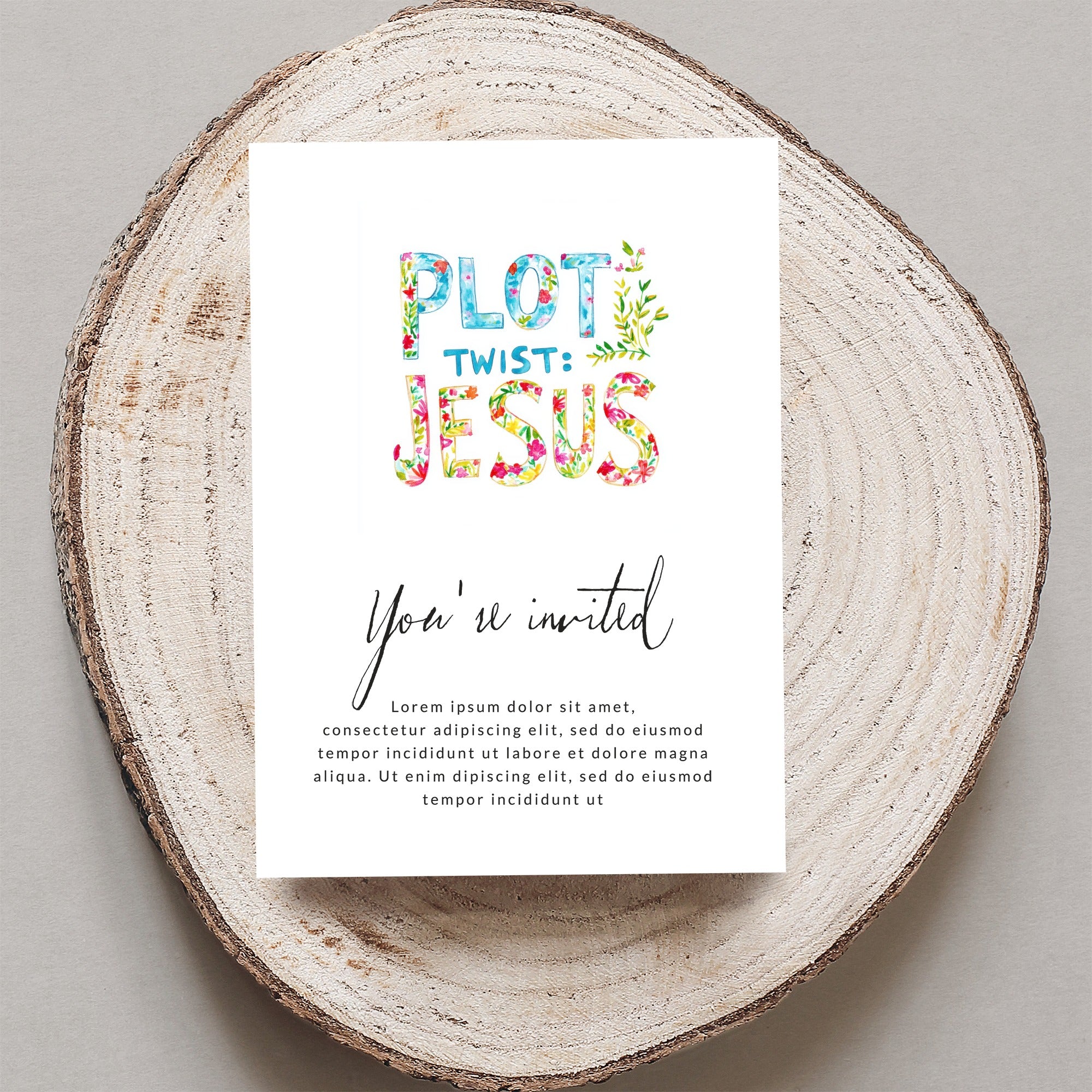 "Plot Twist: Jesus" invitation with floral accents and placeholder text.