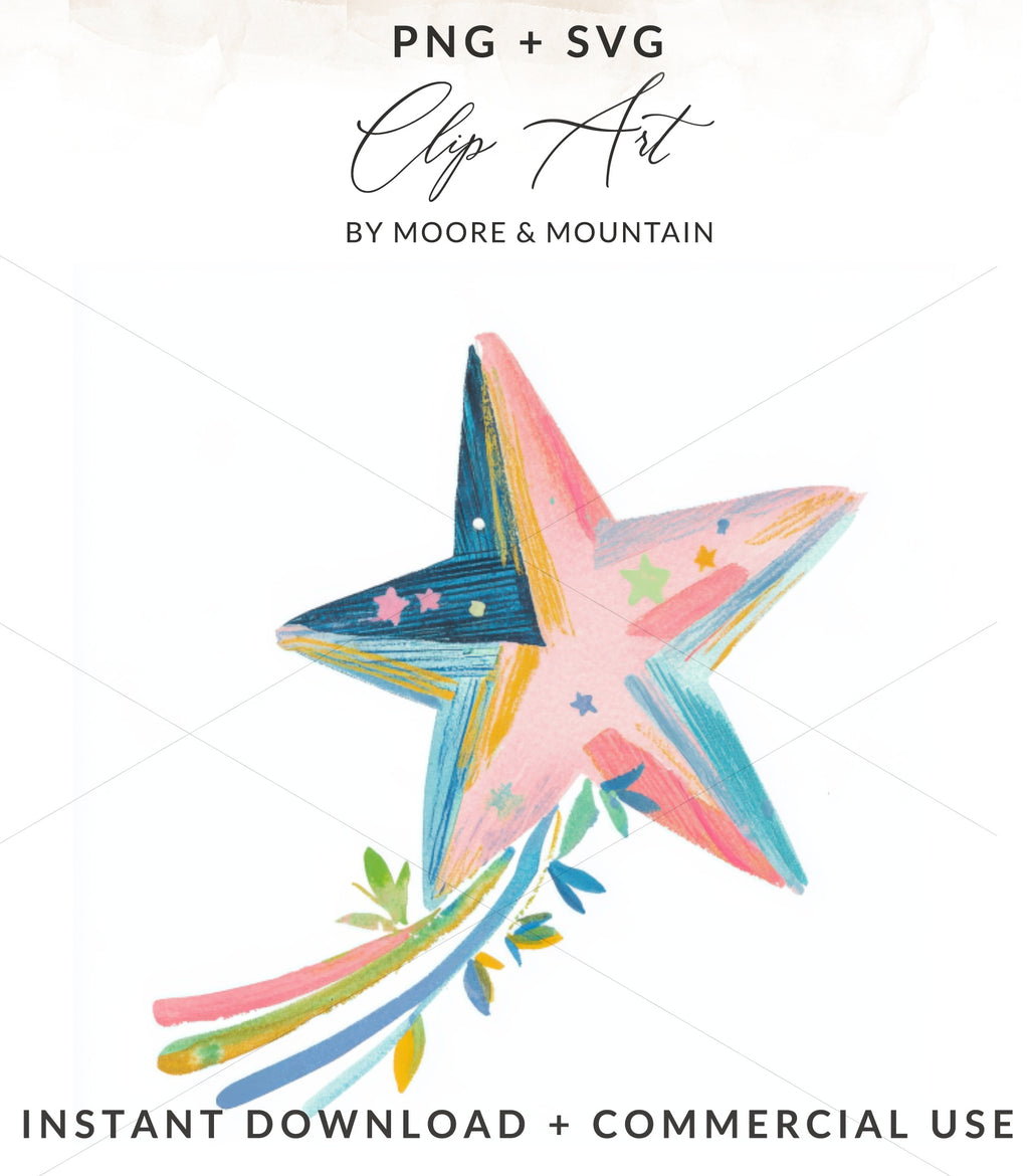 Colorful star with a swoosh of leaves and streamers.