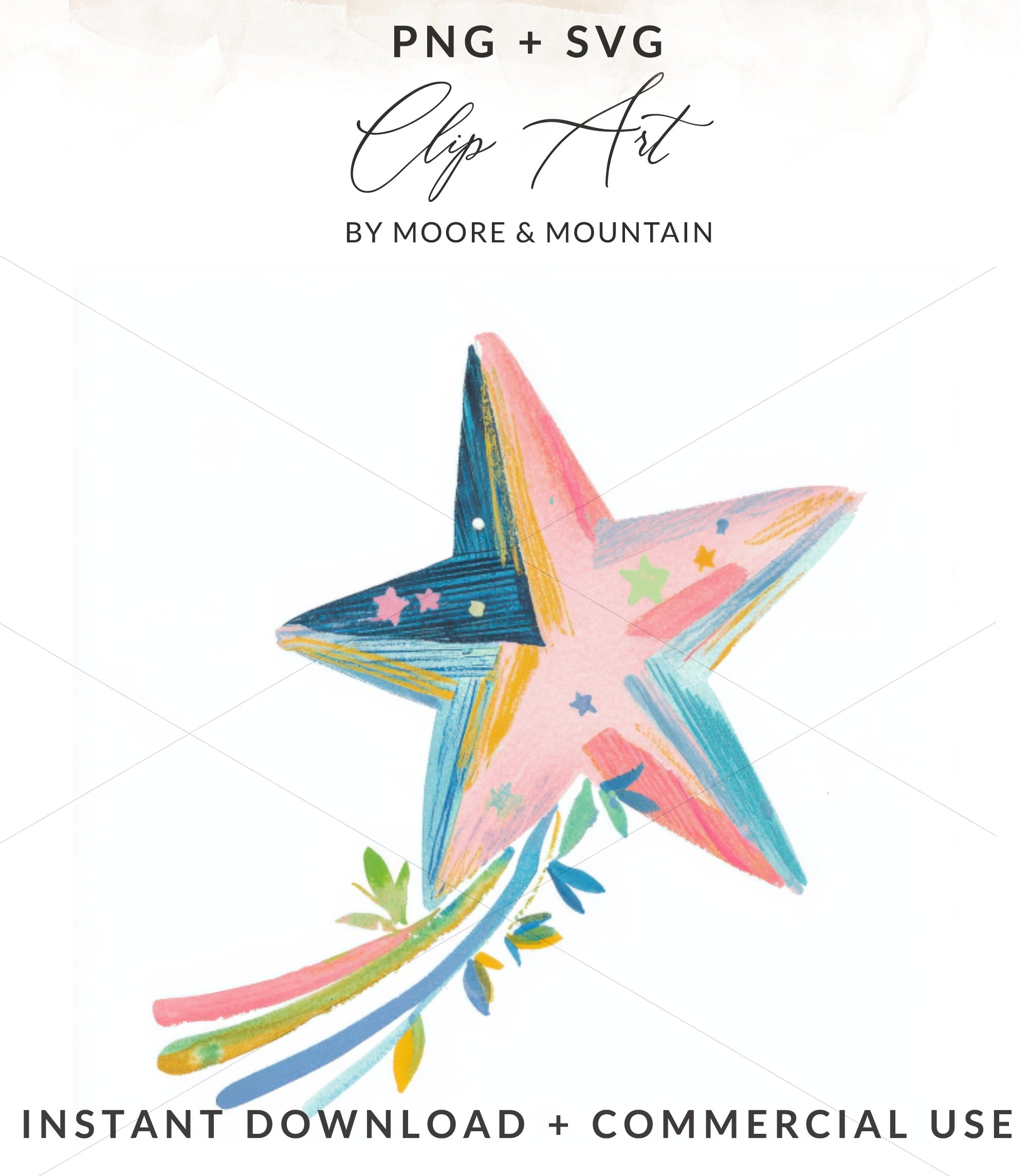 Colorful star with a swoosh of leaves and streamers.