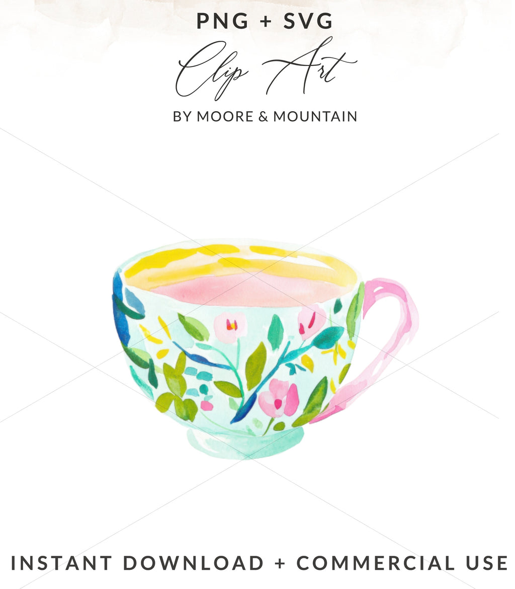 Watercolor teacup with floral design and pink handle.