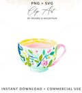 Watercolor teacup with floral design and pink handle.
