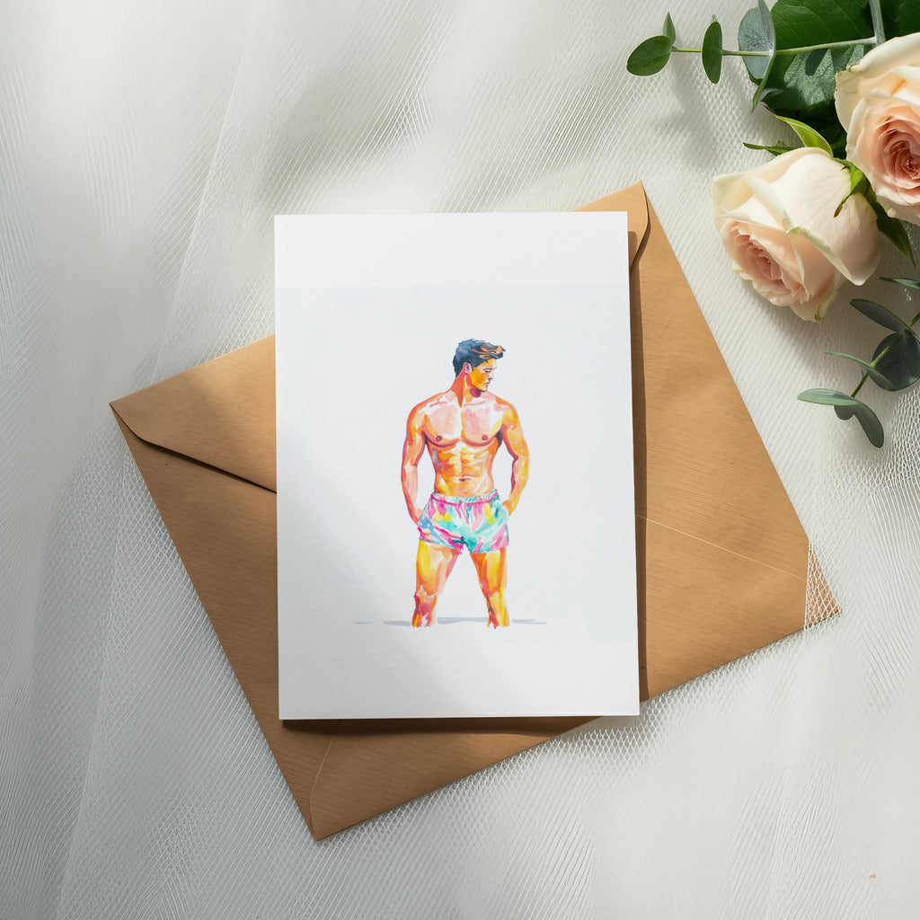 Watercolor painting of a muscular man in colorful shorts on a card.