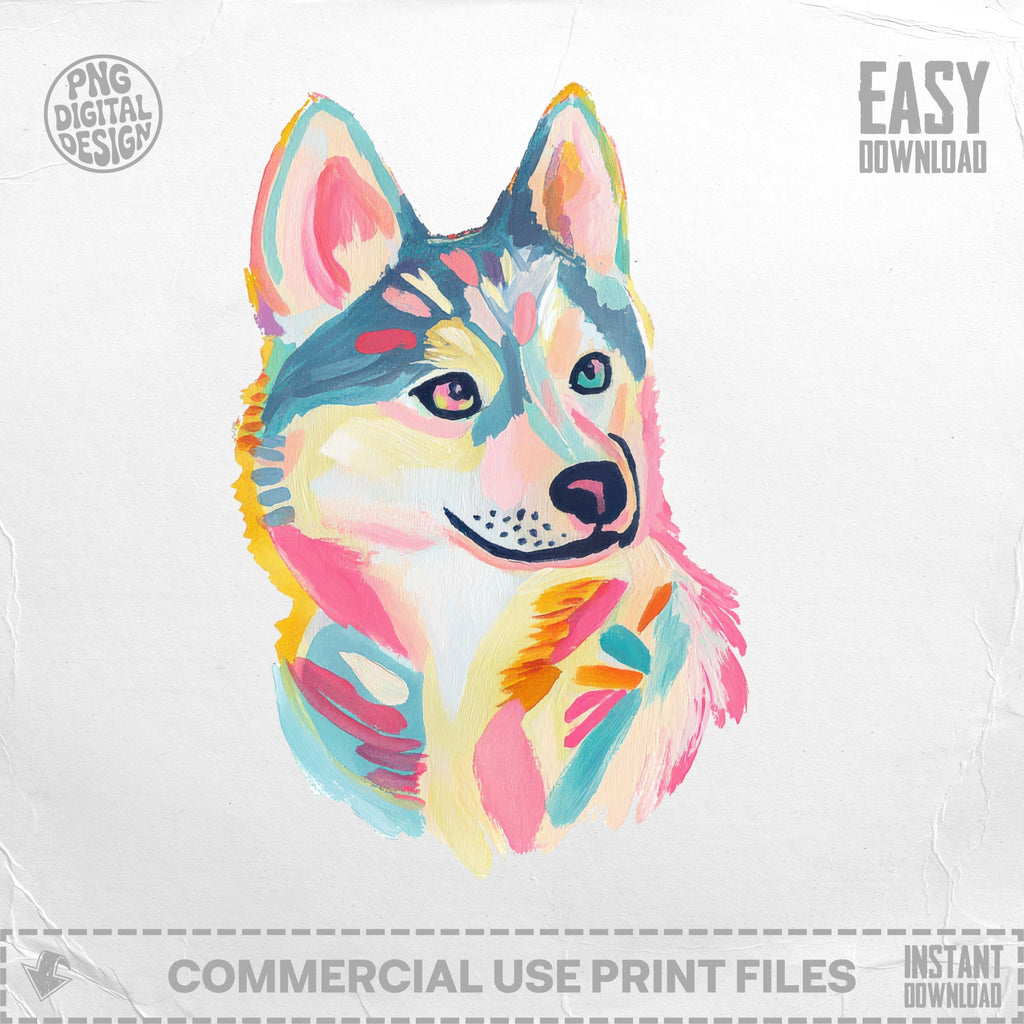 Colorful abstract husky dog portrait with "EASY DOWNLOAD" text.